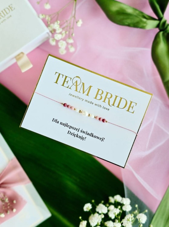 Bransoletka na panieński z rodonitem, muszlą białą i perłą, dla świadkowej, dla Panny Młodej Shine Pink 3