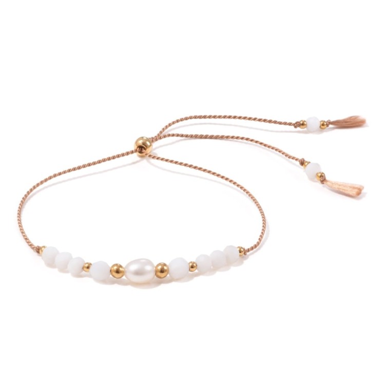 Beżowa bransoletka z białą muszlą i perłą na panieński dla świadkowej, dla Panny Młodej Shine White 3