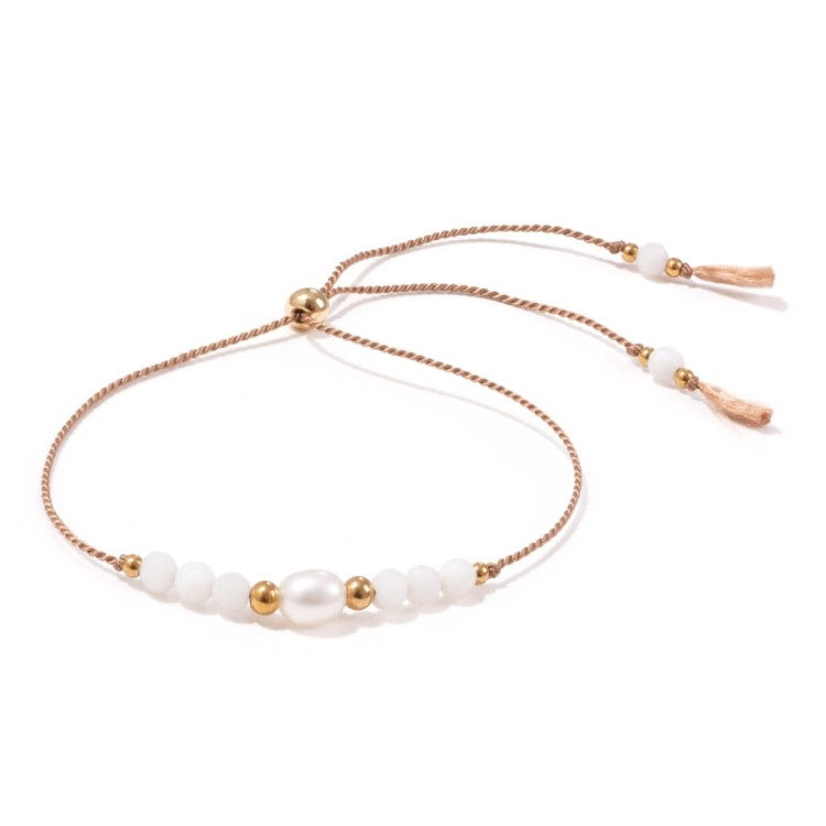 Beżowa bransoletka z białą muszlą i perłą na panieński dla świadkowej, dla Panny Młodej Shine White 2
