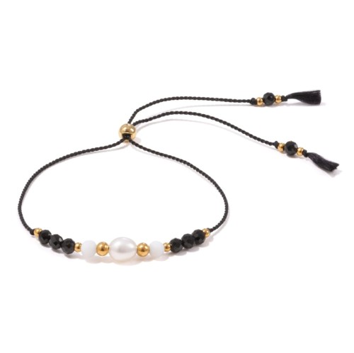 Elegancka bransoletka z czarnym spinelem, muszlą białą i perłą, Shine Black 3